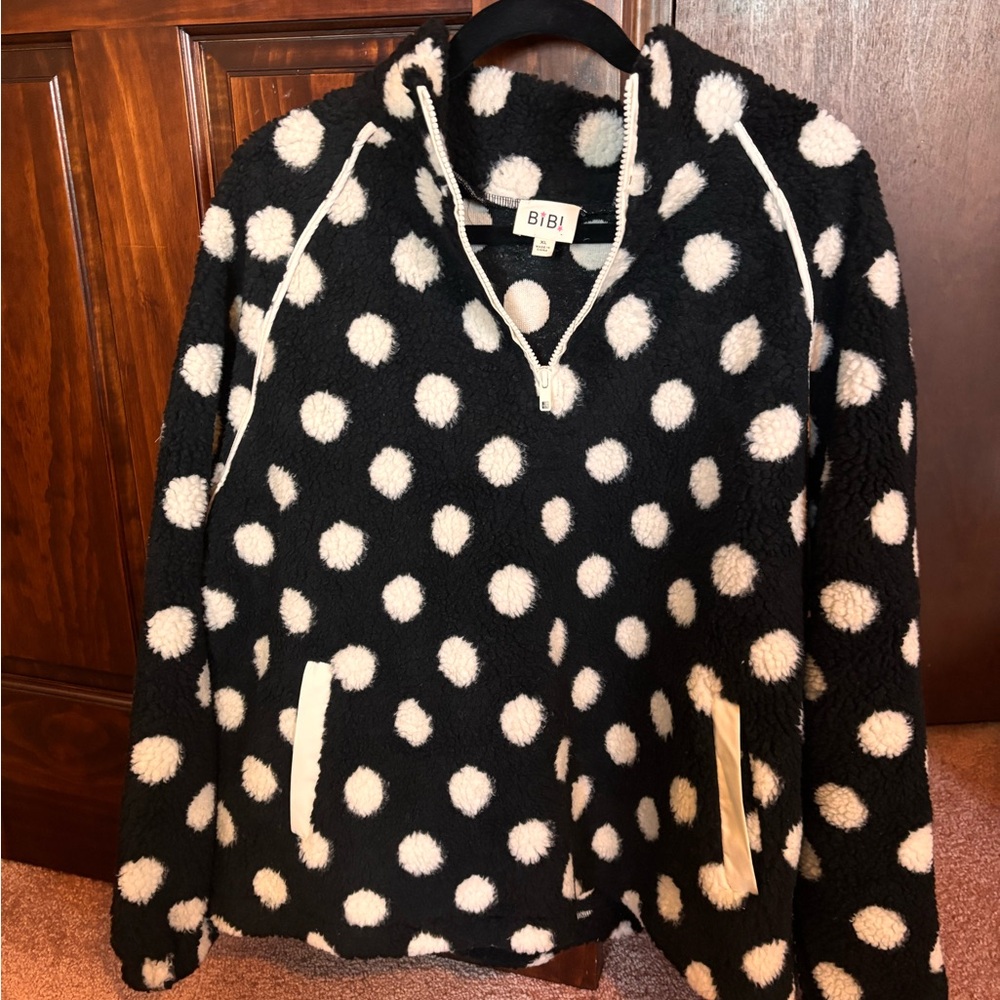 BiBi Black and White Polka Dot Sherpa Half-Zip